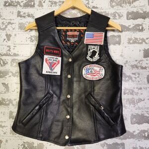 Interstate Leather Womens Motorcycle Biker Vest Patches USA Flag Harley Davidson